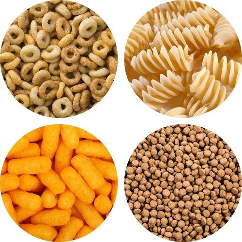 an assortment of extruded food, cereals, pastas, cheese puffs and pet food