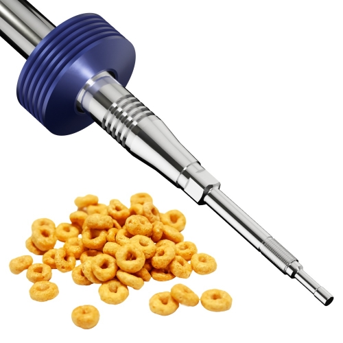 viscometer sensing tip elevated above a pile of extruded cereal