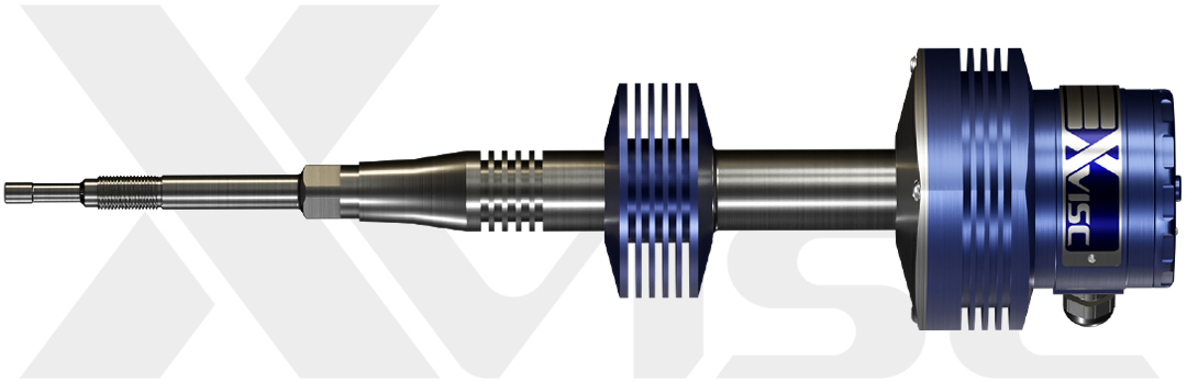 Full width xvisc viscometer set on a backdrop of the product logo